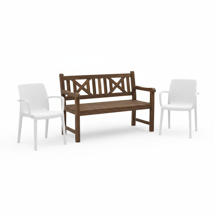 Garden Bench + Plastic Chairs