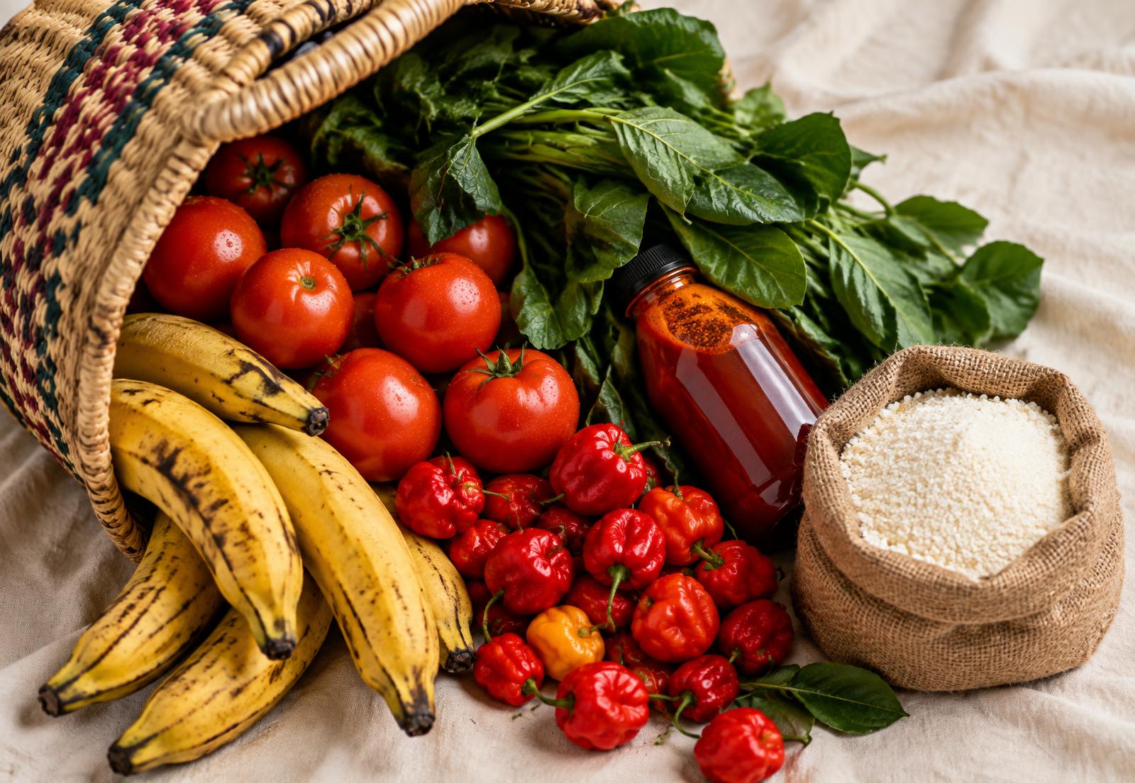 Basket of fresh Nigerian groceries and household goods